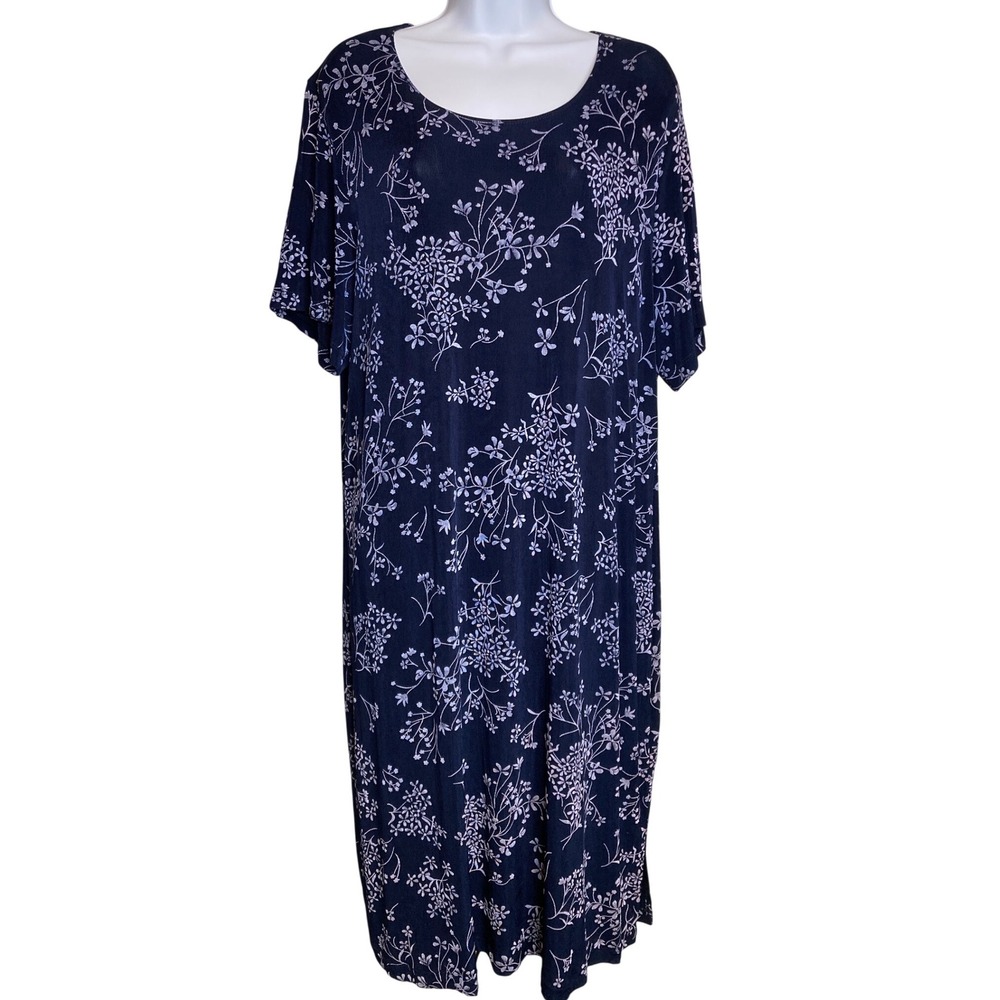 Citiknits Womens Navy Blue Liquid Knit Floral T-Shirt Dress Sz 1X Modest Comfort